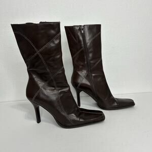Diba Womens Brown Leather Square Toe Side Zipper Mid-Calf Heeled Boots 8 90s